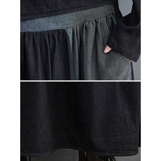 Original Loose Denim Split-Joint Tied Lapel Collar Long Sleeves Midi Dress Original Loose Denim Split-Joint Tied Lapel Collar Long Sleeves Midi Dress