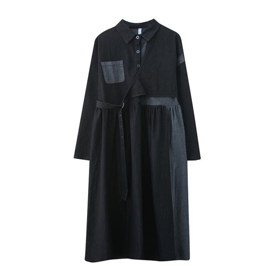 Original Loose Denim Split-Joint Tied Lapel Collar Long Sleeves Midi Dress Original Loose Denim Split-Joint Tied Lapel Collar Long Sleeves Midi Dress
