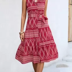 Buttoned Printed Tied Waist Sleeveless Lapel Collar Midi Dresses