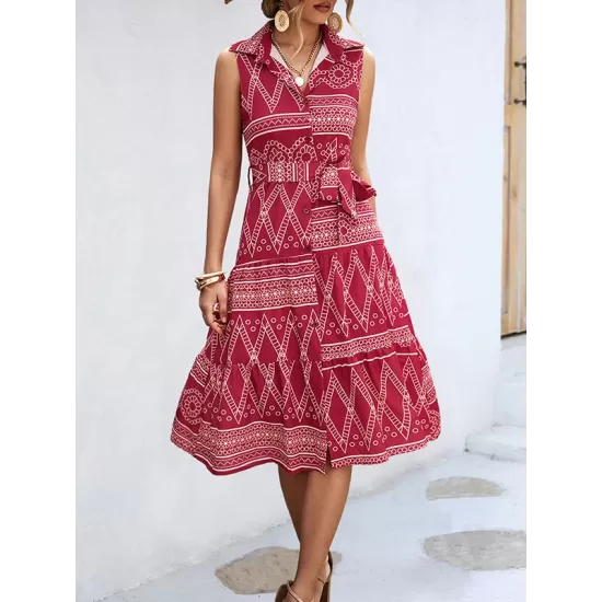 Buttoned Printed Tied Waist Sleeveless Lapel Collar Midi Dresses Buttoned Printed Tied Waist Sleeveless Lapel Collar Midi Dresses