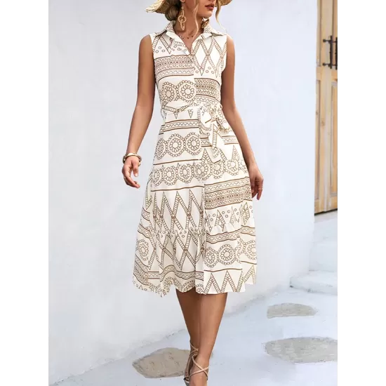 Buttoned Printed Tied Waist Sleeveless Lapel Collar Midi Dresses Buttoned Printed Tied Waist Sleeveless Lapel Collar Midi Dresses