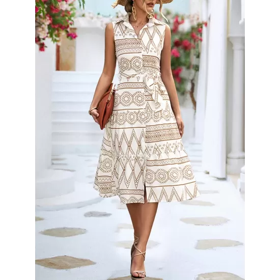 Buttoned Printed Tied Waist Sleeveless Lapel Collar Midi Dresses Buttoned Printed Tied Waist Sleeveless Lapel Collar Midi Dresses