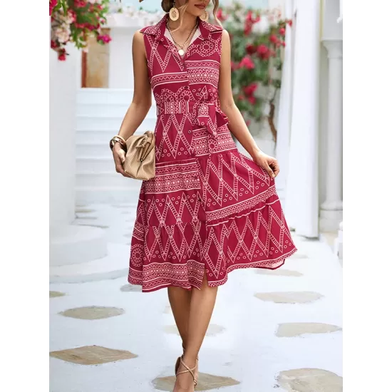 Buttoned Printed Tied Waist Sleeveless Lapel Collar Midi Dresses Buttoned Printed Tied Waist Sleeveless Lapel Collar Midi Dresses