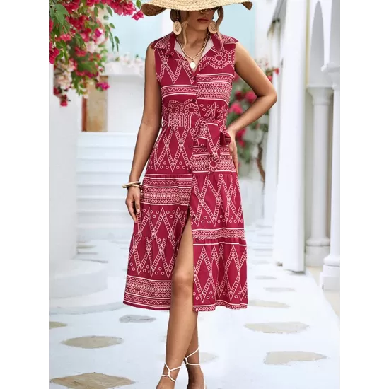 Buttoned Printed Tied Waist Sleeveless Lapel Collar Midi Dresses Buttoned Printed Tied Waist Sleeveless Lapel Collar Midi Dresses