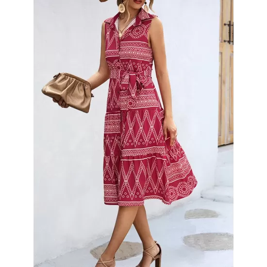 Buttoned Printed Tied Waist Sleeveless Lapel Collar Midi Dresses Buttoned Printed Tied Waist Sleeveless Lapel Collar Midi Dresses