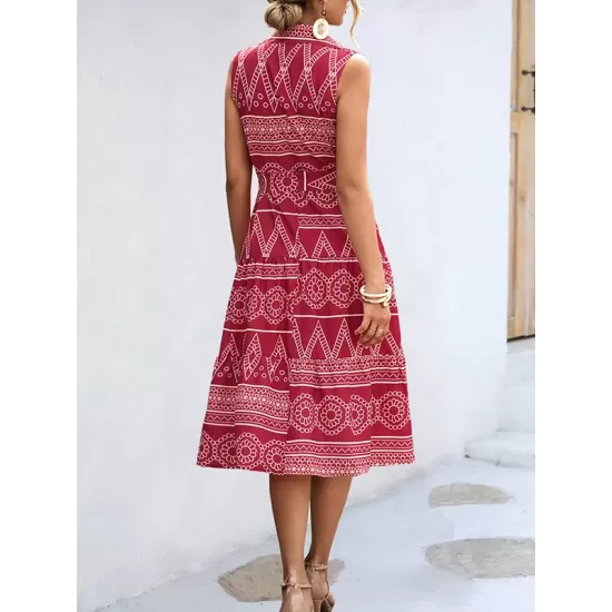 Buttoned Printed Tied Waist Sleeveless Lapel Collar Midi Dresses Buttoned Printed Tied Waist Sleeveless Lapel Collar Midi Dresses
