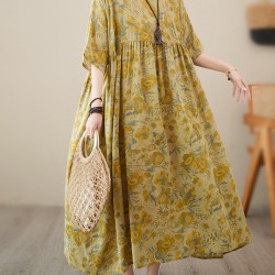 Floral Printed Pleated Split-Joint Loose Raglan Sleeve Round-Neck Midi Dresses