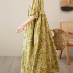 Floral Printed Pleated Split-Joint Loose Raglan Sleeve Round-Neck Midi Dresses