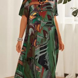 Printed A-Line Loose Round-Neck Midi Dresses