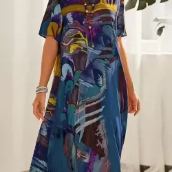 Printed A-Line Loose Round-Neck Midi Dresses