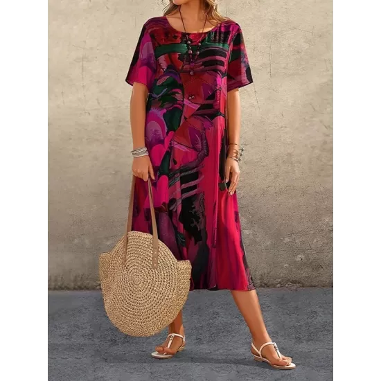 Printed A-Line Loose Round-Neck Midi Dresses Printed A-Line Loose Round-Neck Midi Dresses