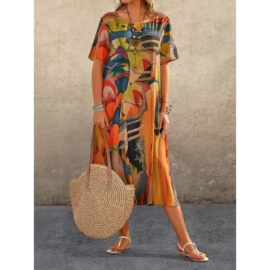 Printed A-Line Loose Round-Neck Midi Dresses Printed A-Line Loose Round-Neck Midi Dresses