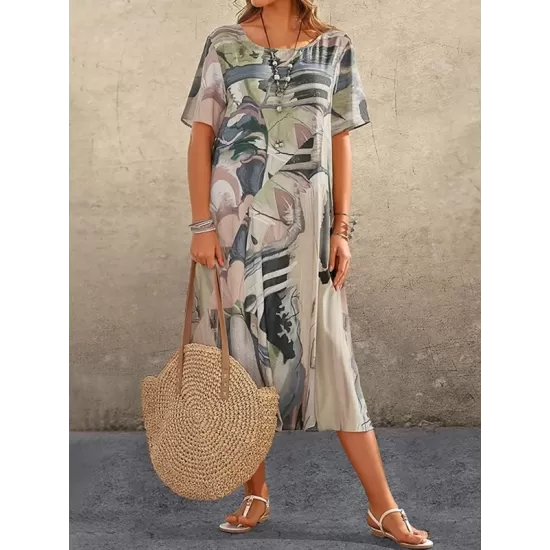 Printed A-Line Loose Round-Neck Midi Dresses Printed A-Line Loose Round-Neck Midi Dresses