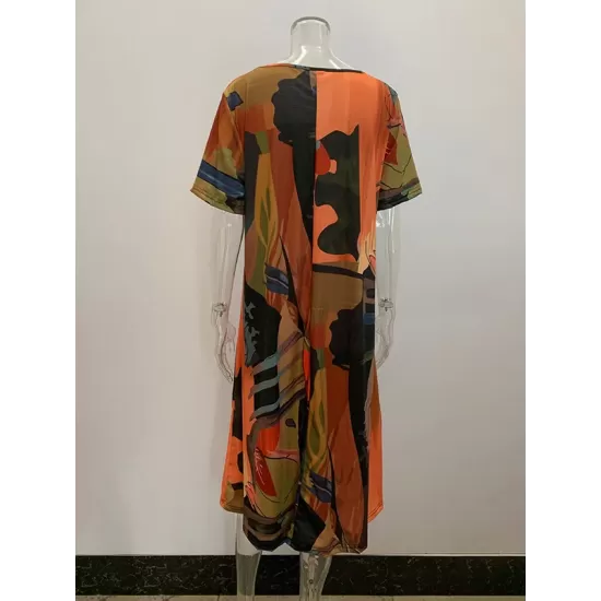 Printed A-Line Loose Round-Neck Midi Dresses Printed A-Line Loose Round-Neck Midi Dresses