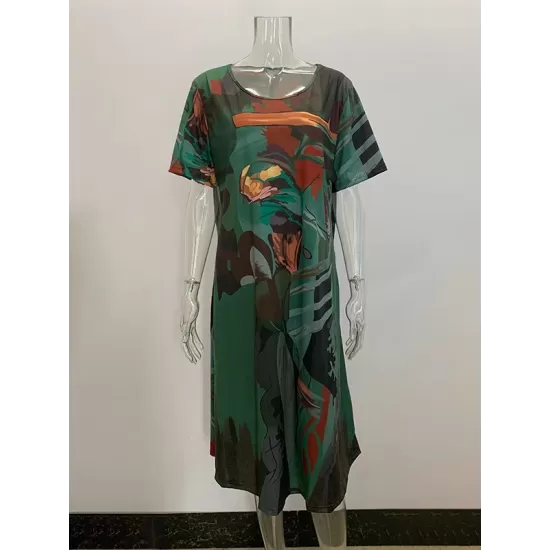 Printed A-Line Loose Round-Neck Midi Dresses Printed A-Line Loose Round-Neck Midi Dresses
