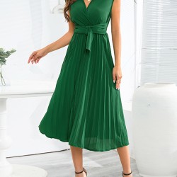 Pleated Solid Color Tied Waist Sleeveless V-Neck Midi Dresses