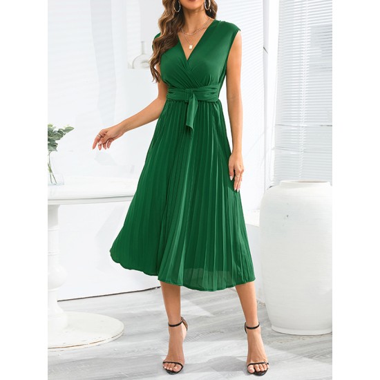 Pleated Solid Color Tied Waist Sleeveless V-Neck Midi Dresses Pleated Solid Color Tied Waist Sleeveless V-Neck Midi Dresses