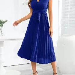 Pleated Solid Color Tied Waist Sleeveless V-Neck Midi Dresses