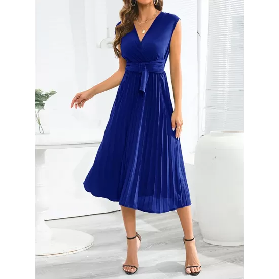 Pleated Solid Color Tied Waist Sleeveless V-Neck Midi Dresses Pleated Solid Color Tied Waist Sleeveless V-Neck Midi Dresses