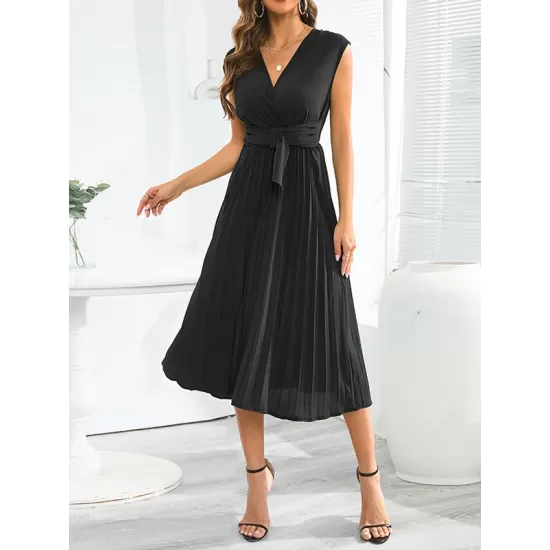 Pleated Solid Color Tied Waist Sleeveless V-Neck Midi Dresses Pleated Solid Color Tied Waist Sleeveless V-Neck Midi Dresses