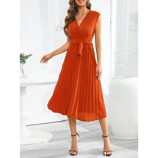 Pleated Solid Color Tied Waist Sleeveless V-Neck Midi Dresses Pleated Solid Color Tied Waist Sleeveless V-Neck Midi Dresses