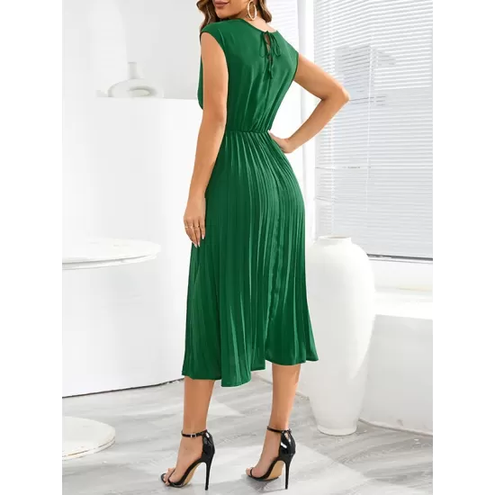 Pleated Solid Color Tied Waist Sleeveless V-Neck Midi Dresses Pleated Solid Color Tied Waist Sleeveless V-Neck Midi Dresses