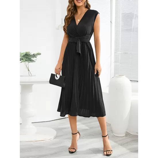 Pleated Solid Color Tied Waist Sleeveless V-Neck Midi Dresses Pleated Solid Color Tied Waist Sleeveless V-Neck Midi Dresses