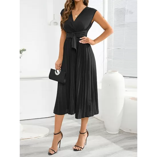 Pleated Solid Color Tied Waist Sleeveless V-Neck Midi Dresses Pleated Solid Color Tied Waist Sleeveless V-Neck Midi Dresses