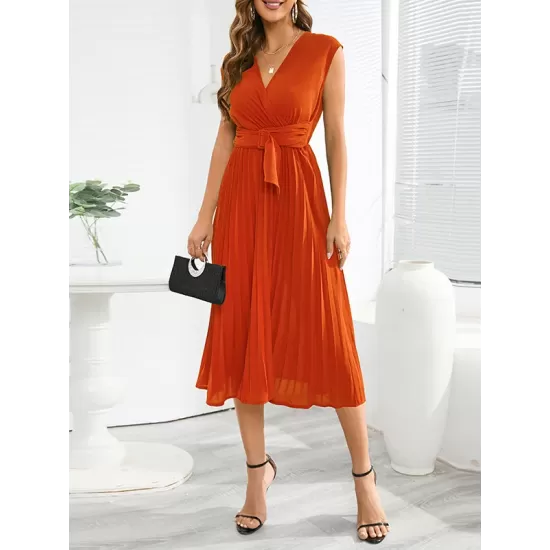 Pleated Solid Color Tied Waist Sleeveless V-Neck Midi Dresses Pleated Solid Color Tied Waist Sleeveless V-Neck Midi Dresses