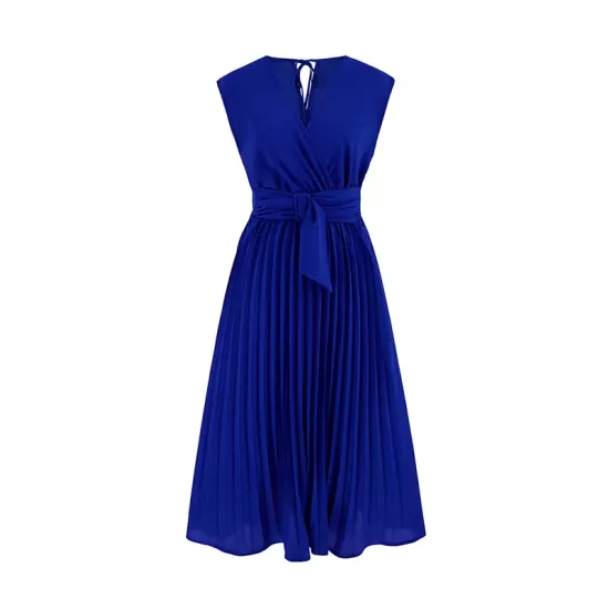 Pleated Solid Color Tied Waist Sleeveless V-Neck Midi Dresses Pleated Solid Color Tied Waist Sleeveless V-Neck Midi Dresses