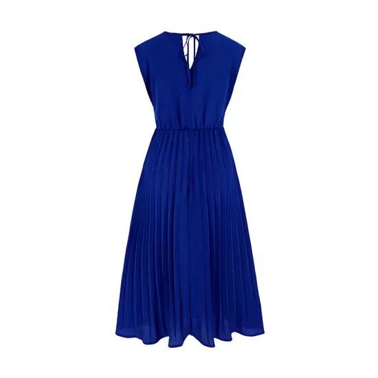 Pleated Solid Color Tied Waist Sleeveless V-Neck Midi Dresses Pleated Solid Color Tied Waist Sleeveless V-Neck Midi Dresses