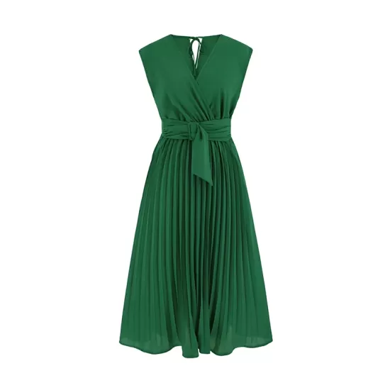 Pleated Solid Color Tied Waist Sleeveless V-Neck Midi Dresses Pleated Solid Color Tied Waist Sleeveless V-Neck Midi Dresses