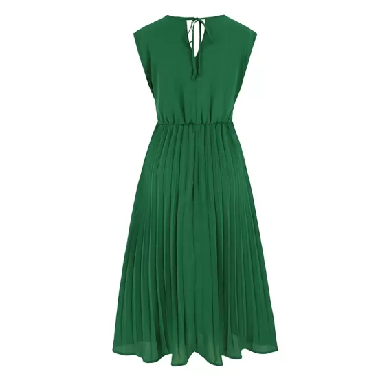 Pleated Solid Color Tied Waist Sleeveless V-Neck Midi Dresses Pleated Solid Color Tied Waist Sleeveless V-Neck Midi Dresses