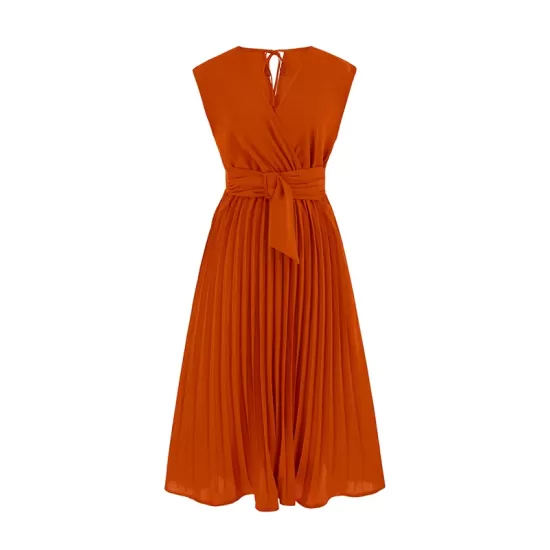 Pleated Solid Color Tied Waist Sleeveless V-Neck Midi Dresses Pleated Solid Color Tied Waist Sleeveless V-Neck Midi Dresses