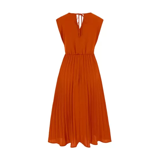 Pleated Solid Color Tied Waist Sleeveless V-Neck Midi Dresses Pleated Solid Color Tied Waist Sleeveless V-Neck Midi Dresses