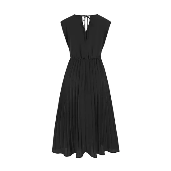 Pleated Solid Color Tied Waist Sleeveless V-Neck Midi Dresses Pleated Solid Color Tied Waist Sleeveless V-Neck Midi Dresses