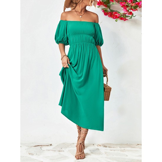 Solid Color Loose Short Sleeves Off-The-Shoulder Midi Dresses Solid Color Loose Short Sleeves Off-The-Shoulder Midi Dresses