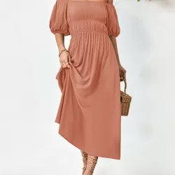 Solid Color Loose Short Sleeves Off-The-Shoulder Midi Dresses