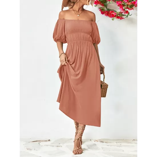 Solid Color Loose Short Sleeves Off-The-Shoulder Midi Dresses Solid Color Loose Short Sleeves Off-The-Shoulder Midi Dresses