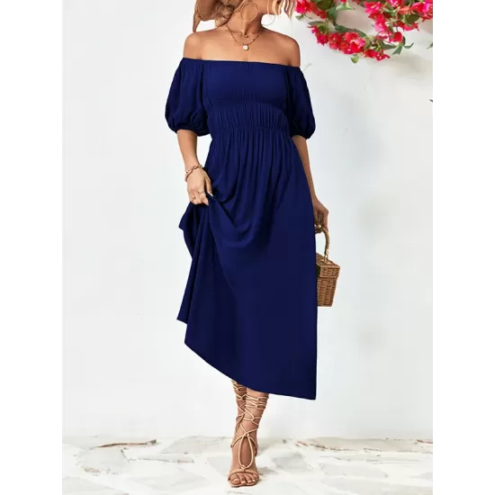 Solid Color Loose Short Sleeves Off-The-Shoulder Midi Dresses Solid Color Loose Short Sleeves Off-The-Shoulder Midi Dresses