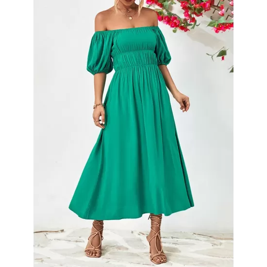 Solid Color Loose Short Sleeves Off-The-Shoulder Midi Dresses Solid Color Loose Short Sleeves Off-The-Shoulder Midi Dresses