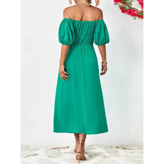 Solid Color Loose Short Sleeves Off-The-Shoulder Midi Dresses Solid Color Loose Short Sleeves Off-The-Shoulder Midi Dresses