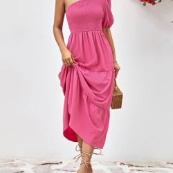 Solid Color Loose Puff Sleeves One-Shoulder Midi Dresses