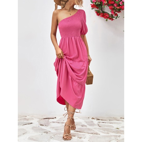 Solid Color Loose Puff Sleeves One-Shoulder Midi Dresses Solid Color Loose Puff Sleeves One-Shoulder Midi Dresses