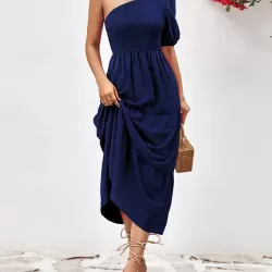 Solid Color Loose Puff Sleeves One-Shoulder Midi Dresses