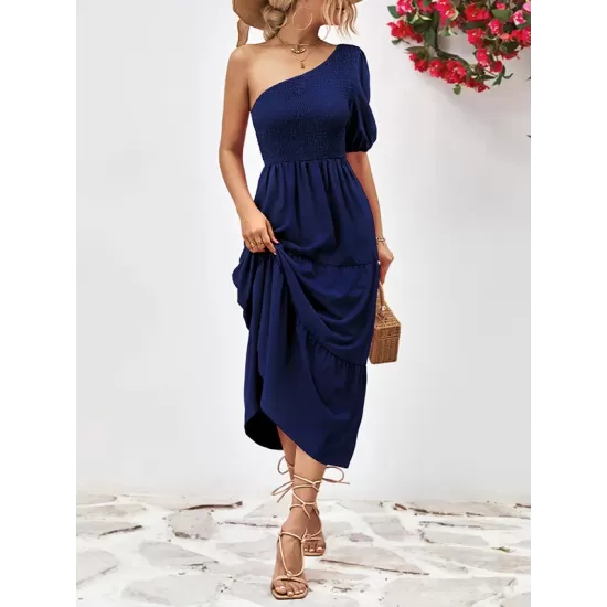 Solid Color Loose Puff Sleeves One-Shoulder Midi Dresses Solid Color Loose Puff Sleeves One-Shoulder Midi Dresses