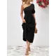 Solid Color Loose Puff Sleeves One-Shoulder Midi Dresses Solid Color Loose Puff Sleeves One-Shoulder Midi Dresses