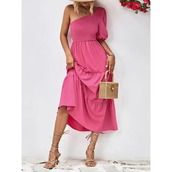Solid Color Loose Puff Sleeves One-Shoulder Midi Dresses Solid Color Loose Puff Sleeves One-Shoulder Midi Dresses