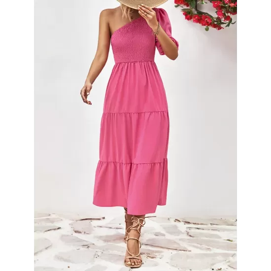 Solid Color Loose Puff Sleeves One-Shoulder Midi Dresses Solid Color Loose Puff Sleeves One-Shoulder Midi Dresses