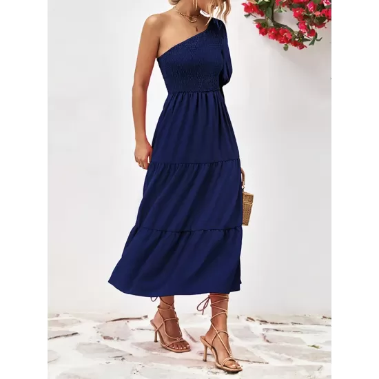 Solid Color Loose Puff Sleeves One-Shoulder Midi Dresses Solid Color Loose Puff Sleeves One-Shoulder Midi Dresses